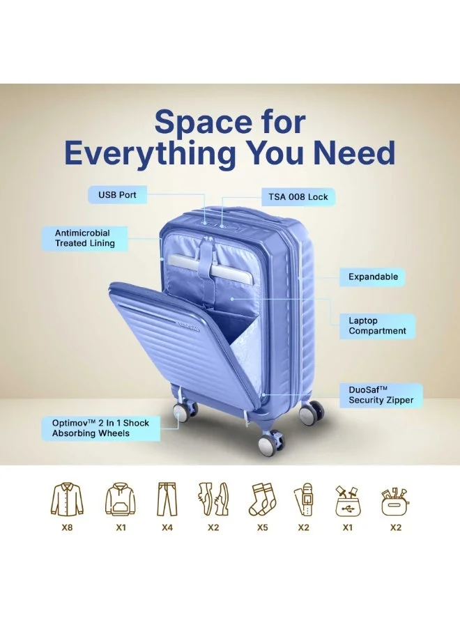 American Tourister Elemental Blue Frontec Suitcase, Cabin Size 54 cm / 20 inch, 4 Spinner Wheels, Hard Top, Polycarbonate, Elemental Blue|Expandable|Book Opening|Front Laptop Compartment|2-in-1 Optimov™ + STEPause™ Shock Absorbing Wheels|TSA 008 Lock|DuoSaf™ Security Zipper|USB Port - 3 Years International Warranty  | Best Price UAE